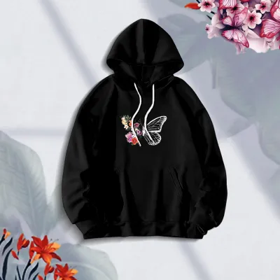 Premium Comfortable (Butterflies & Flowers-Black) Ladies winter hoodie
