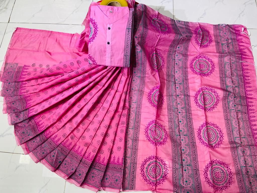 Matching Block Print Saree Panjabi Couple Set in Dhupian Silk