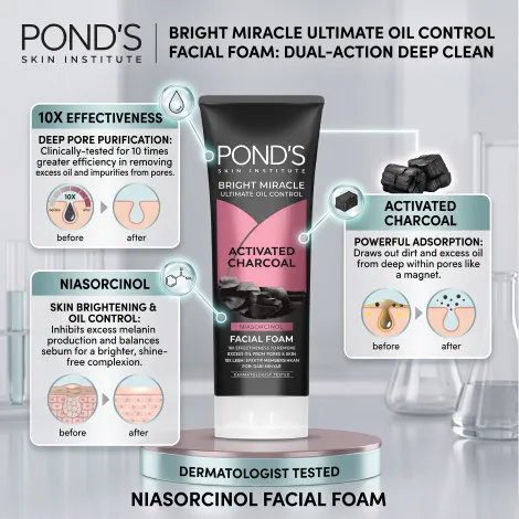 Pond's Bright Miracle Activated Charcoal Oil Control Facial Foam 100g (Indonesia)