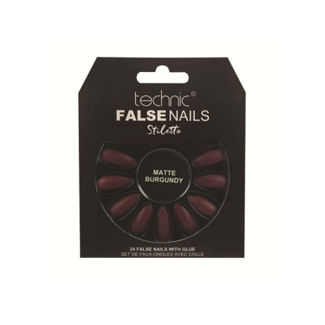 Technic Stiletto 24 False Nails With Glue - Matte Burgundy (China)