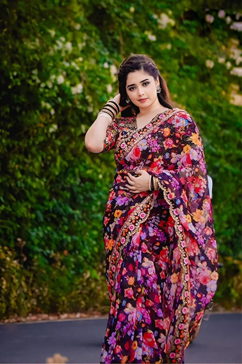 Silk Digital Print Saree with Stone Work and Afsan Lace Hem