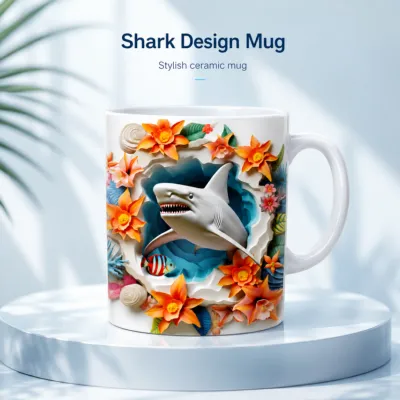Shark Design Mug – Stylish Ceramic Coffee Mug with 3D Underwater Shark and Floral Print, Microwave & Dishwasher Safe