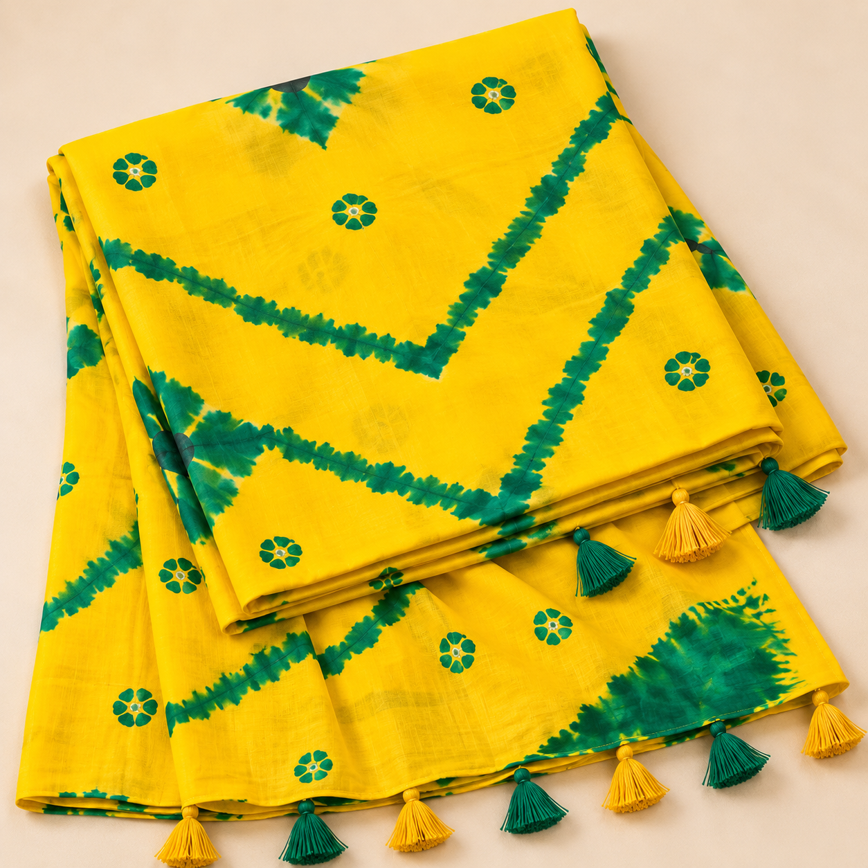 Unstitched Premium Tie-Dye & Batik Printed Cotton Three-Piece Suit - Bright Yellow & Green
