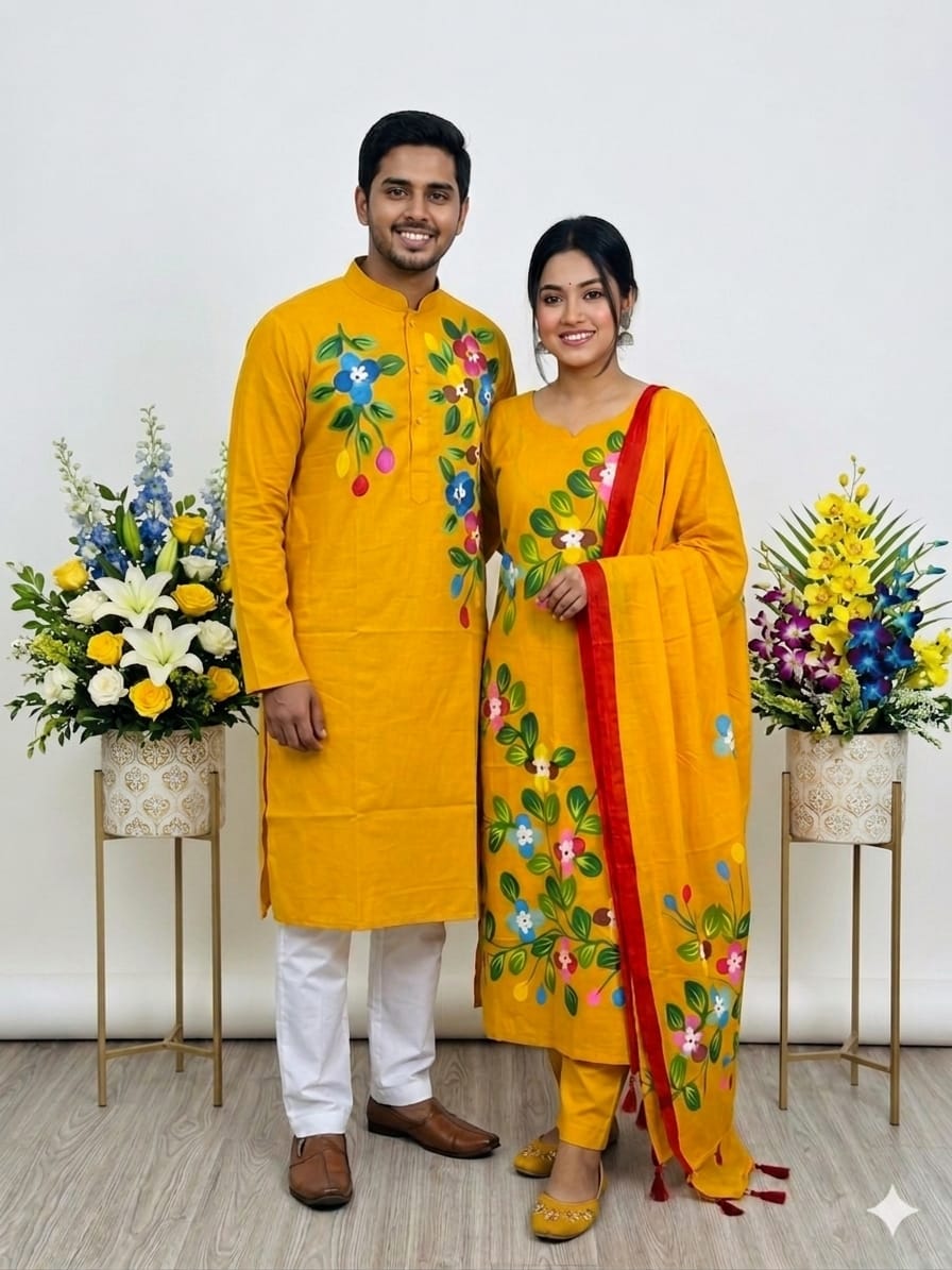 Couple Cotton Voile Three Piece and Dhupian Silk Panjabi Set