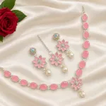 Premium Soft Pink Stone & Pearl Jewelry Set – Necklace, Earrings & Tikka