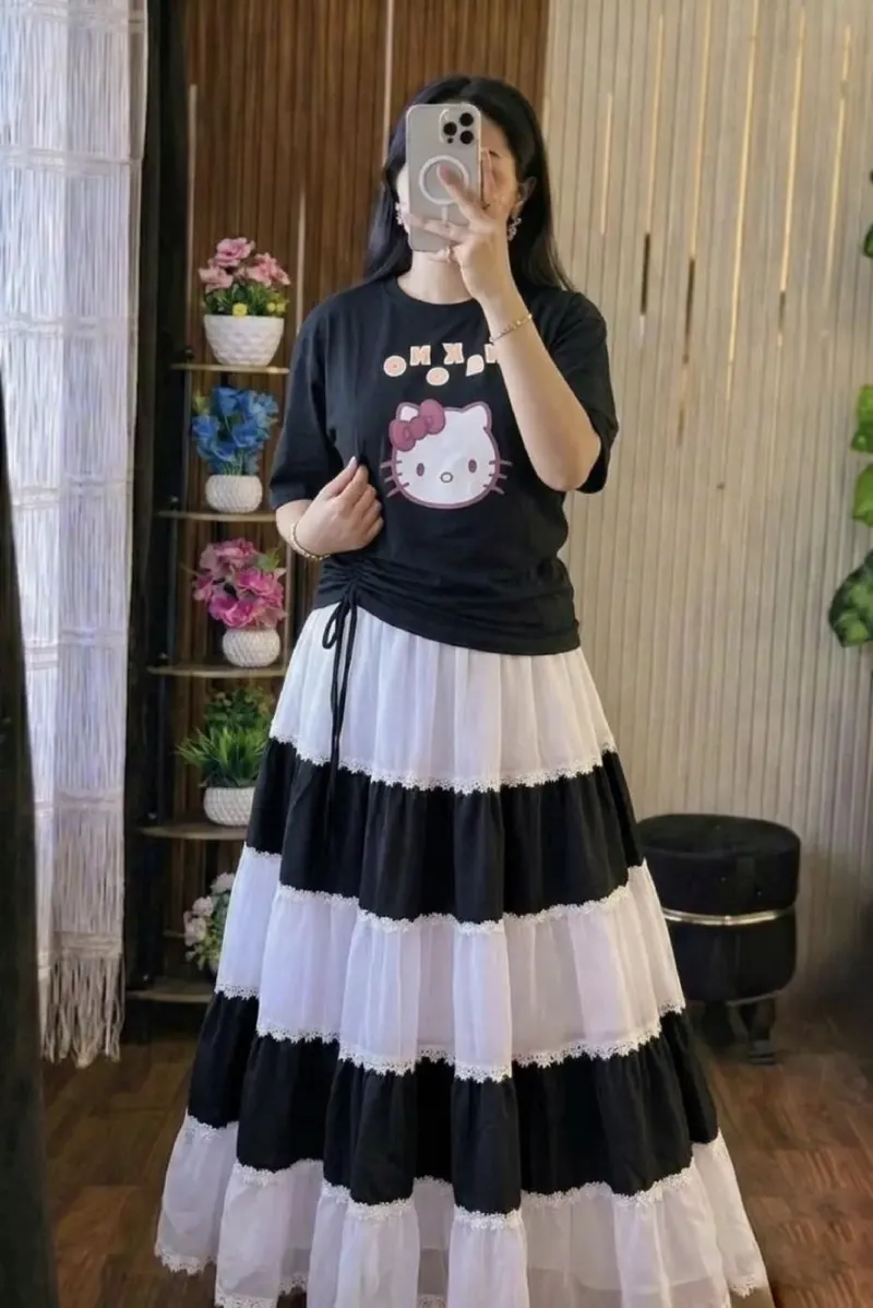 Pure Cotton T-Shirt and Georgette Skirt Set, Free Size up to 44