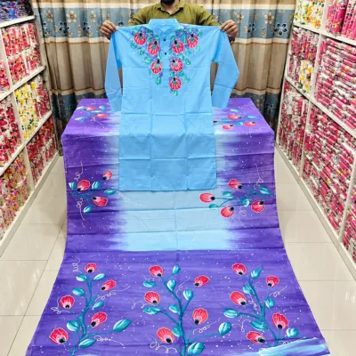 Hand-Painted Couple Set: Half Silk Saree & Dupion Silk Panjabi