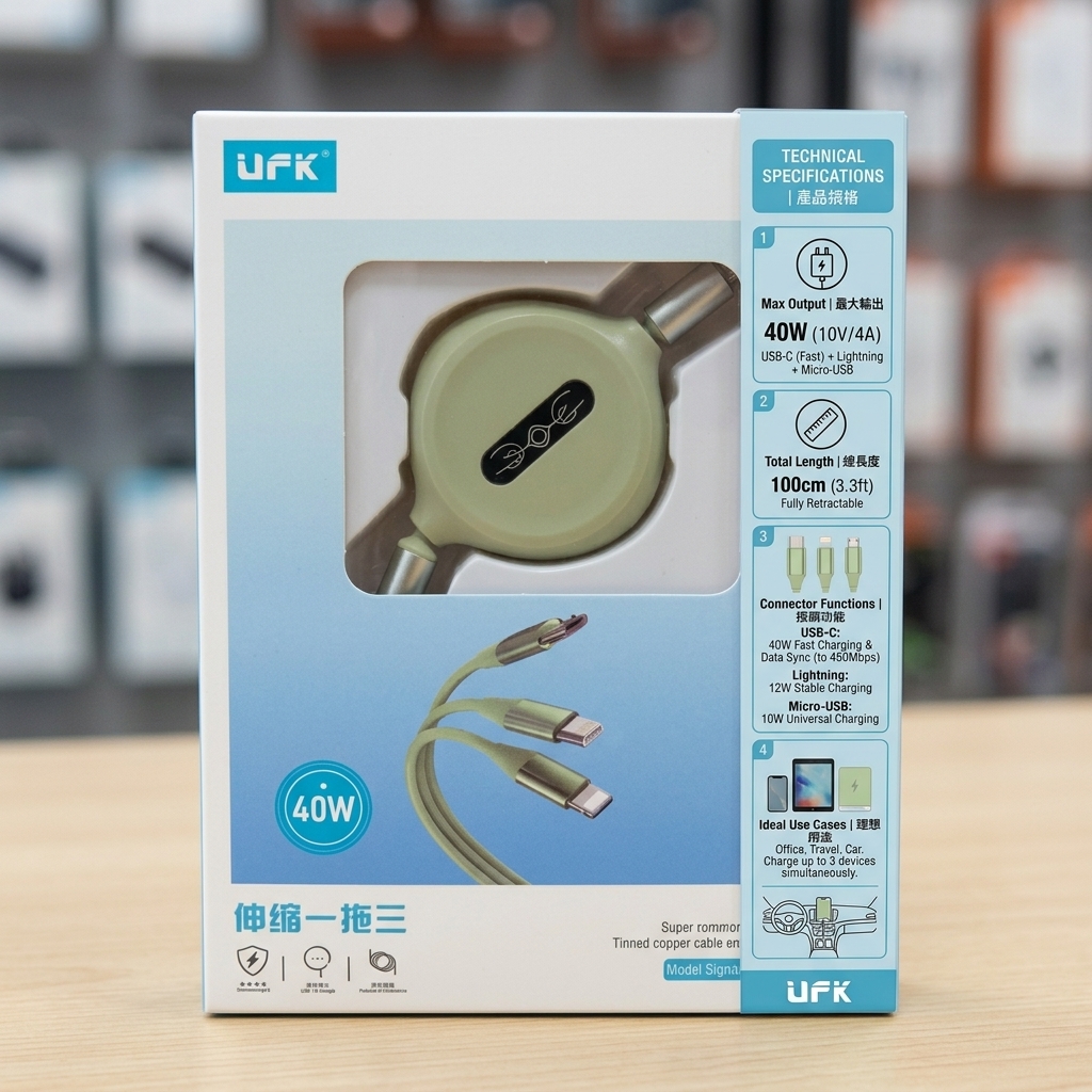 UFK 3-in-1 Retractable Super Fast Charging Cable (A031)