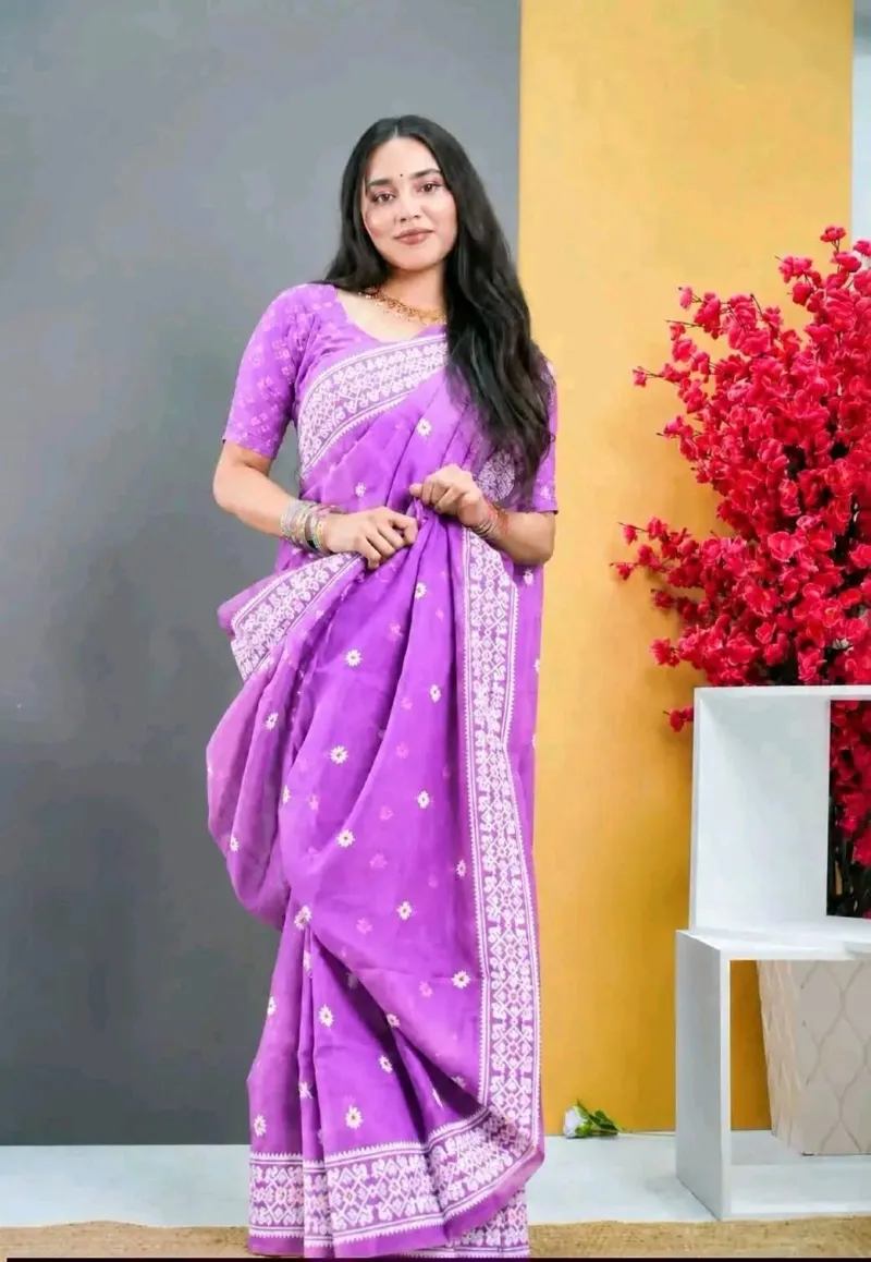 Half Silk Screen Print Saree with Jamdani Motifs, 6 Colours