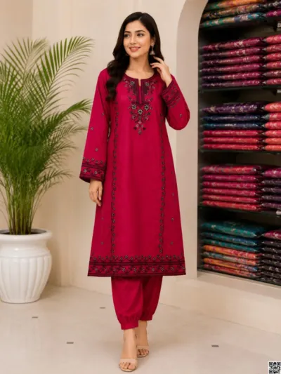 Linen Full Body Embroidery Two Piece Set, M to XXL