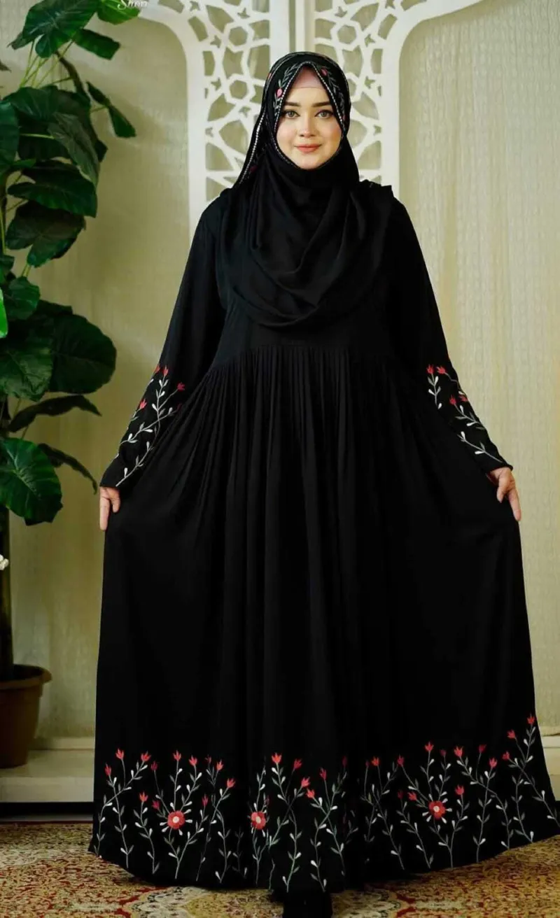 Rajanigandha Embroidered Borka with Hijab, Cherry Fabric