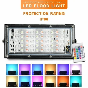 RGB LED Flood Light- Remote Controlled IP66 Waterproof Landscape & Outdoor Lighting (50W, AC220V) – Black Color