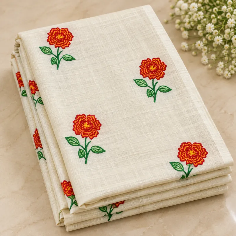 Off-White Cotton Saree with Red & Orange Floral Embroidery
