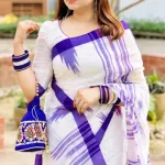 Traditional Sylheti Handloom Cotton Manipuri Saree – Purple & White