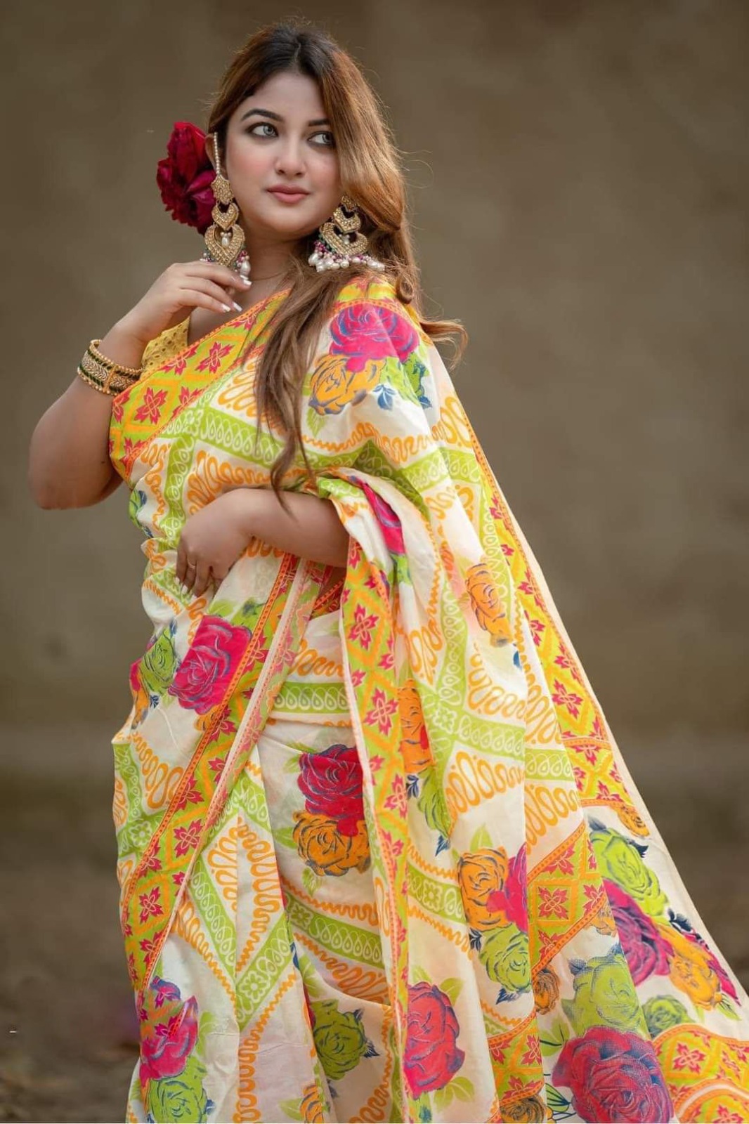 Half Silk Saree with Screen Printed Design, 6 Colour Choices