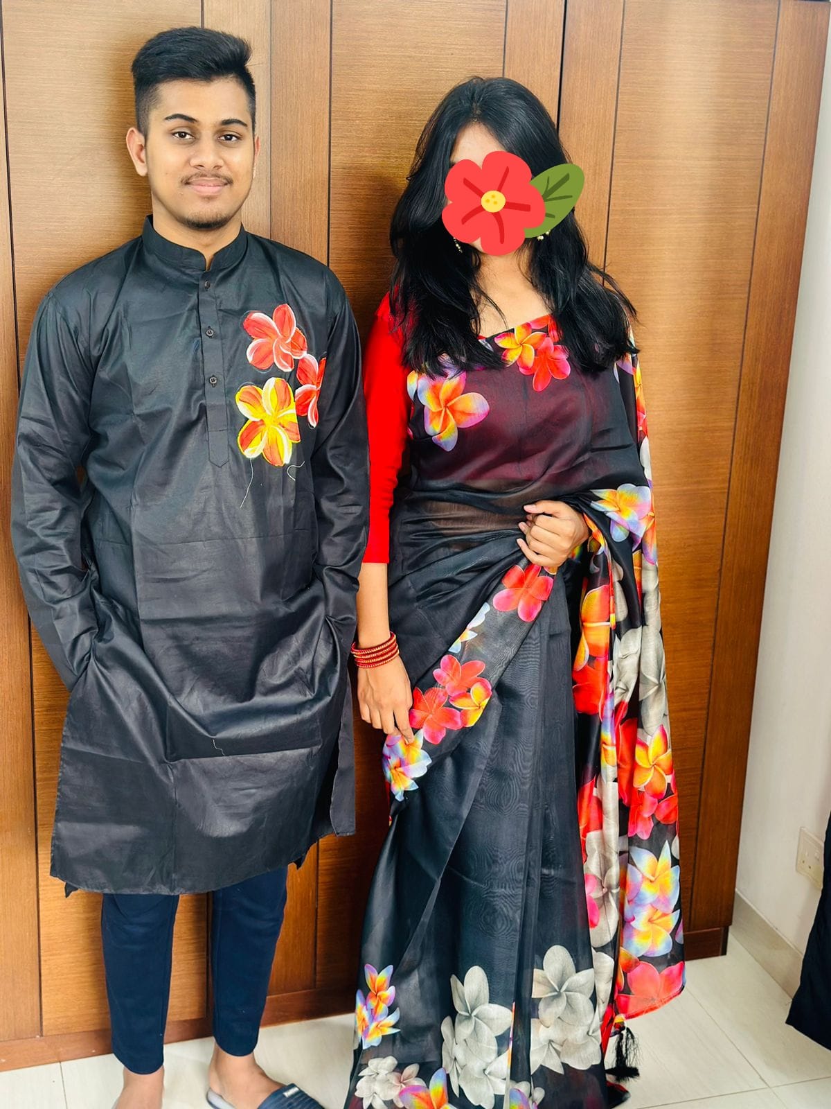 Couple Set, Chanderi Silk Saree and Dhupian Silk Panjabi, Hand Print