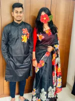 Hand Print Couple Dress, Chanderi Saree and Dhupian Panjabi
