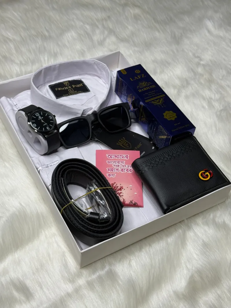 Men's Cotton Shirt Gift Set with Watch, Perfume and Gift Card