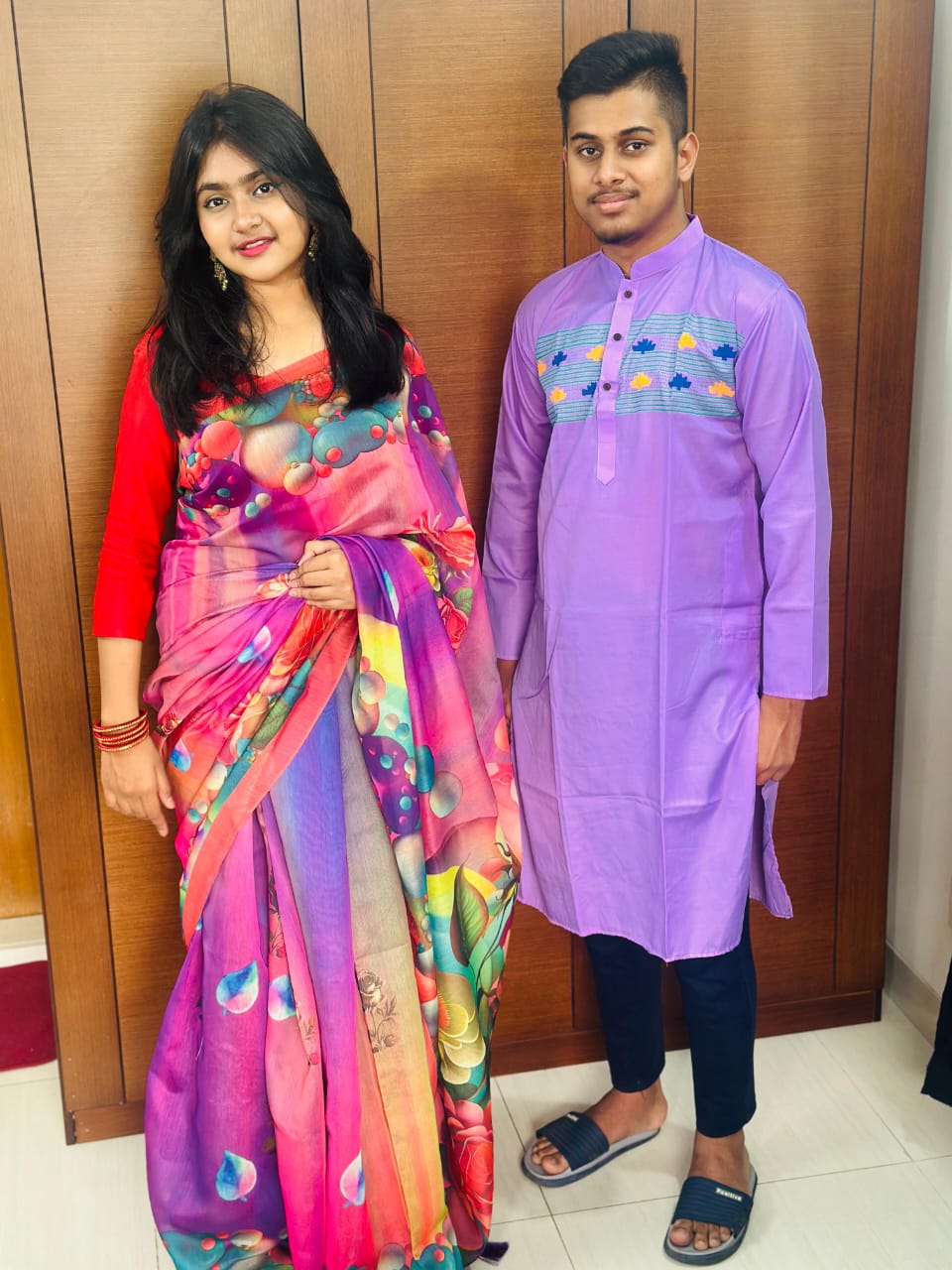 Digital Print Saree and Dhupian Panjabi Couple Set, 12 Haath