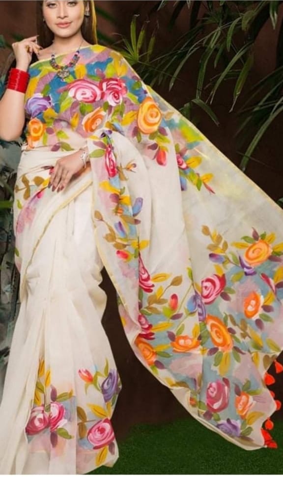 12 Haath Hand Painted Half Silk Saree for Women