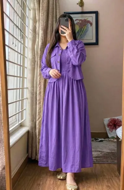 Georgette Two Piece Smocked Gown Set, Free Size up to 42