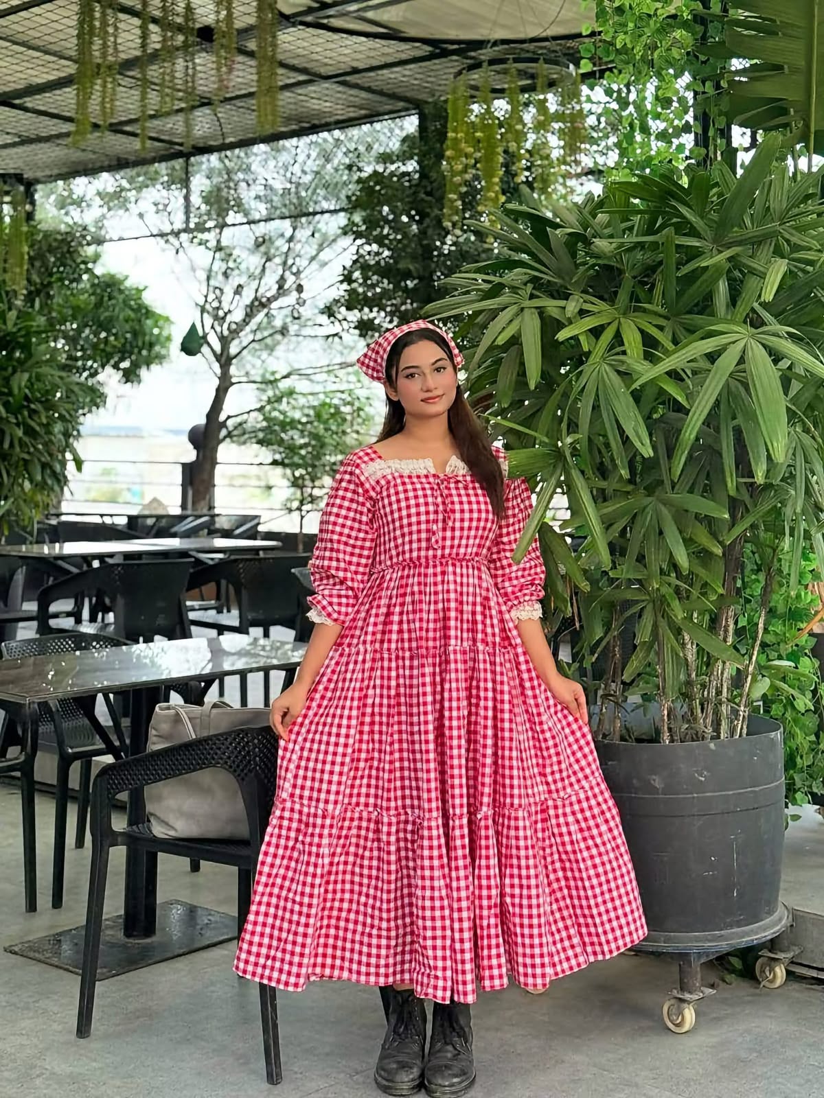 Women's Cotton Check Print Gown Kurti with Lace and Belt