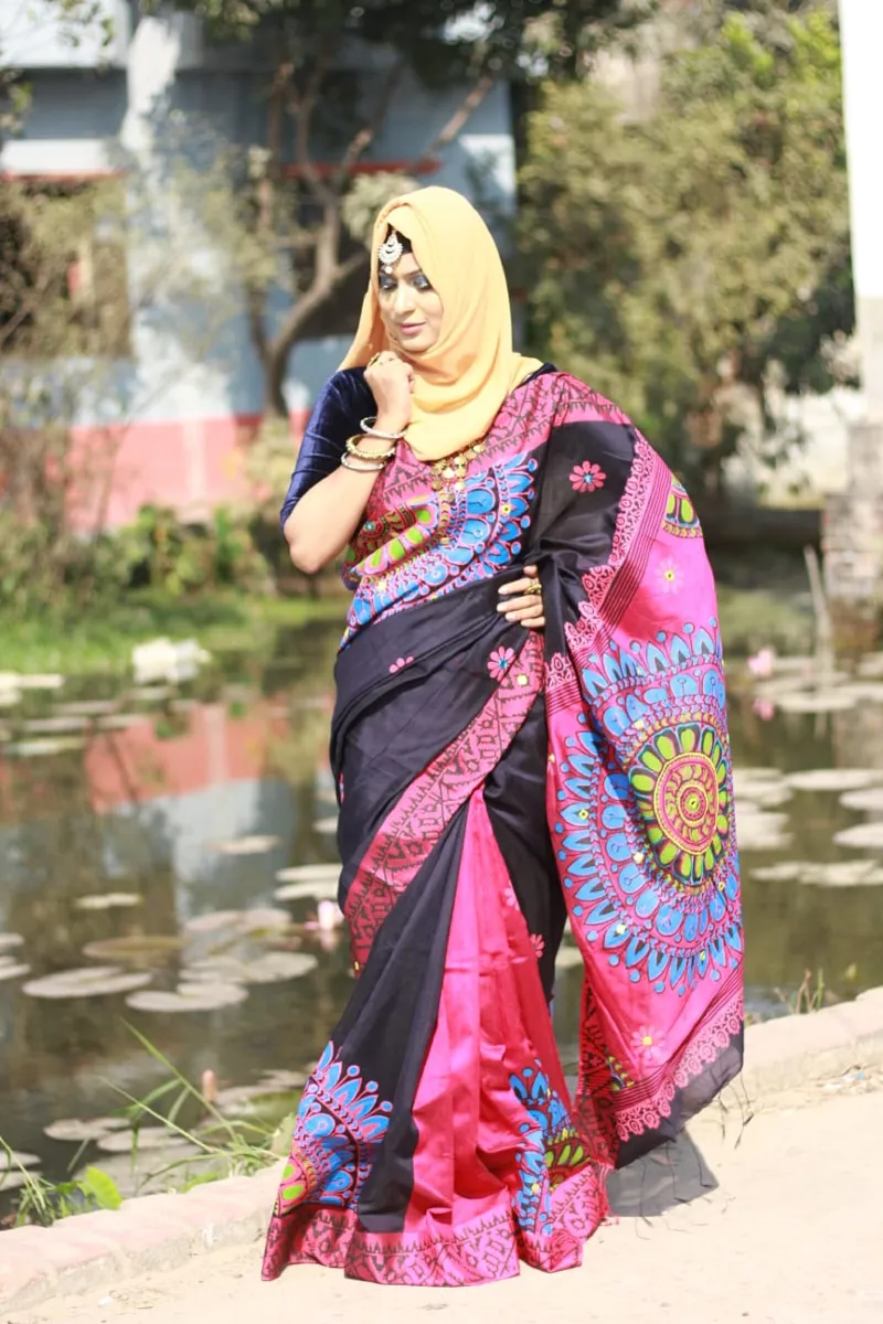 Half Silk Hand Printed Saree for Women, 12 Haath Length