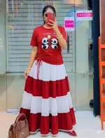 Women's Georgette Skirt and Pure Cotton T-Shirt Set, Free Size
