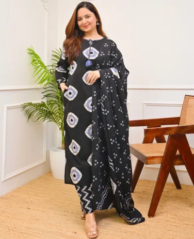 Soft Cotton Chunri Print Three Piece with Tassels, M and L