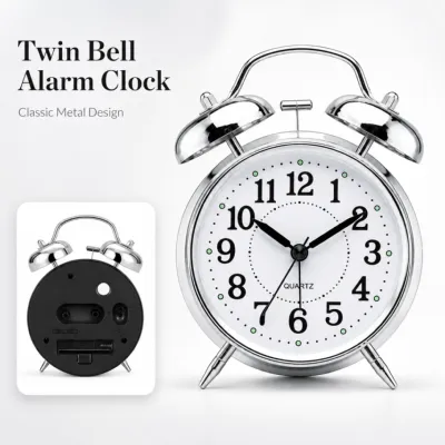 Round Copper Metal Twin Bell Alarm Clock – Non-Ticking Retro Desk Clock with Loud Ring for Morning Wake Up (Durable Metal Design)