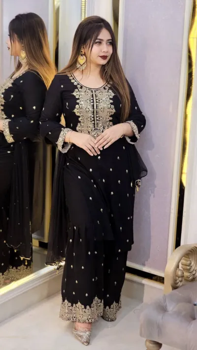 Women's AC Cotton Gharara Three Piece with Sequin Embroidery