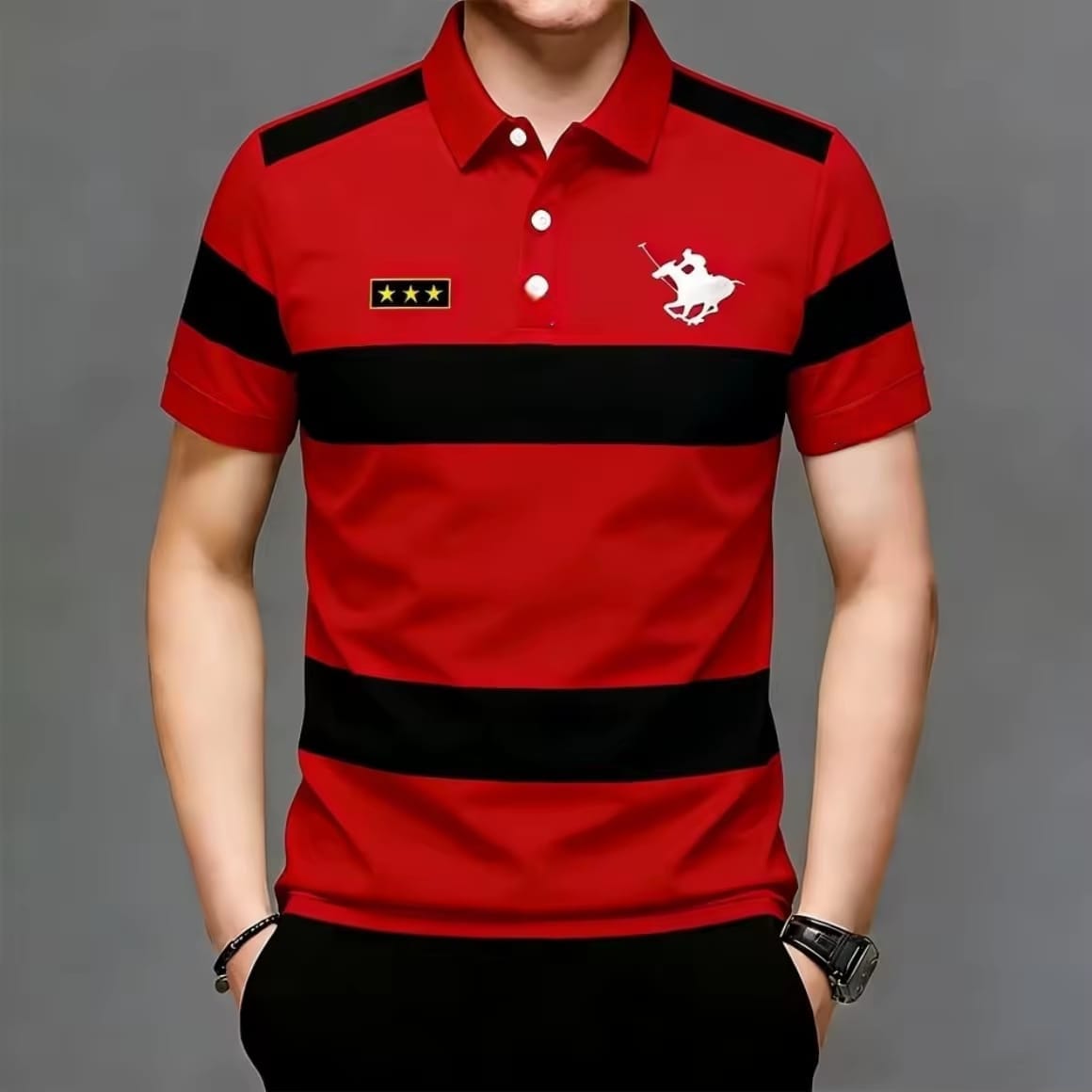Men's Striped Knit Polo Shirt, PK Cotton 210 GSM, One Colour