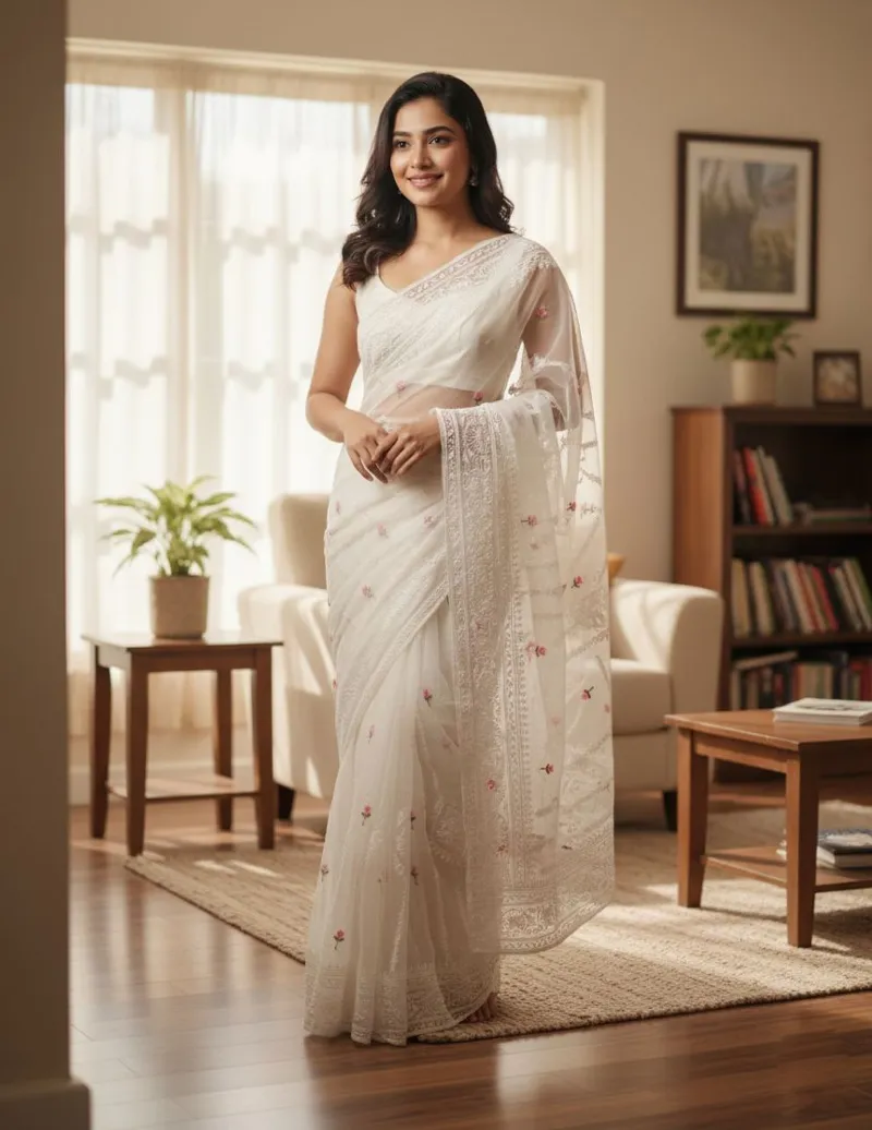 Embroidered Organza Saree for Party and Wedding, 6 Colours