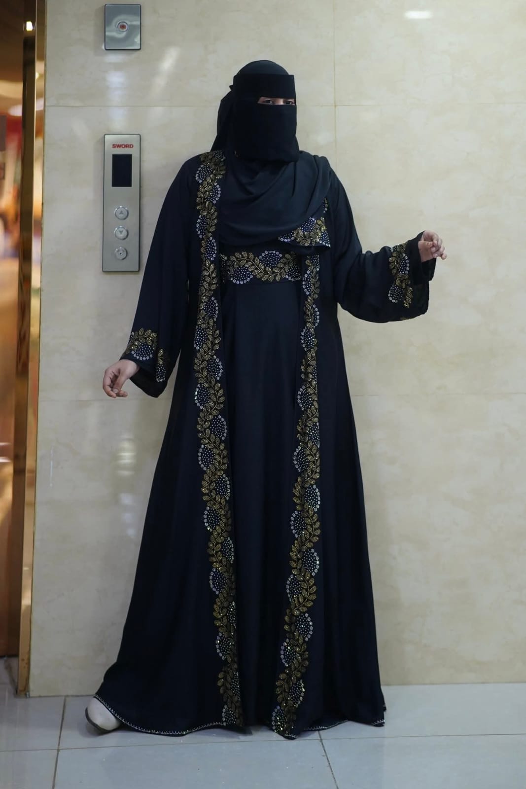 Nurjahan Abaya with Golden and White Stone Work, 250 Gher