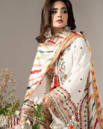 White Cotton Floral Embroidery Three Piece with Printed Orna
