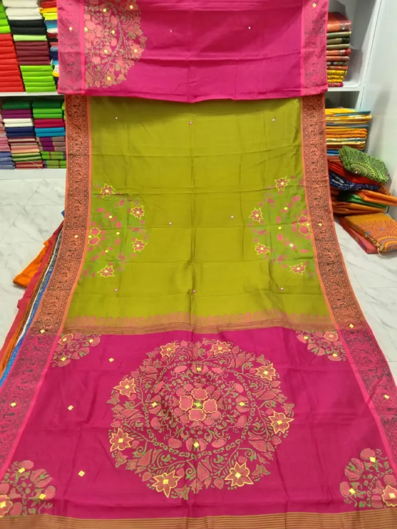 Embroidery Work Dhupian Silk Saree, Block Print, 6 Colour Choices