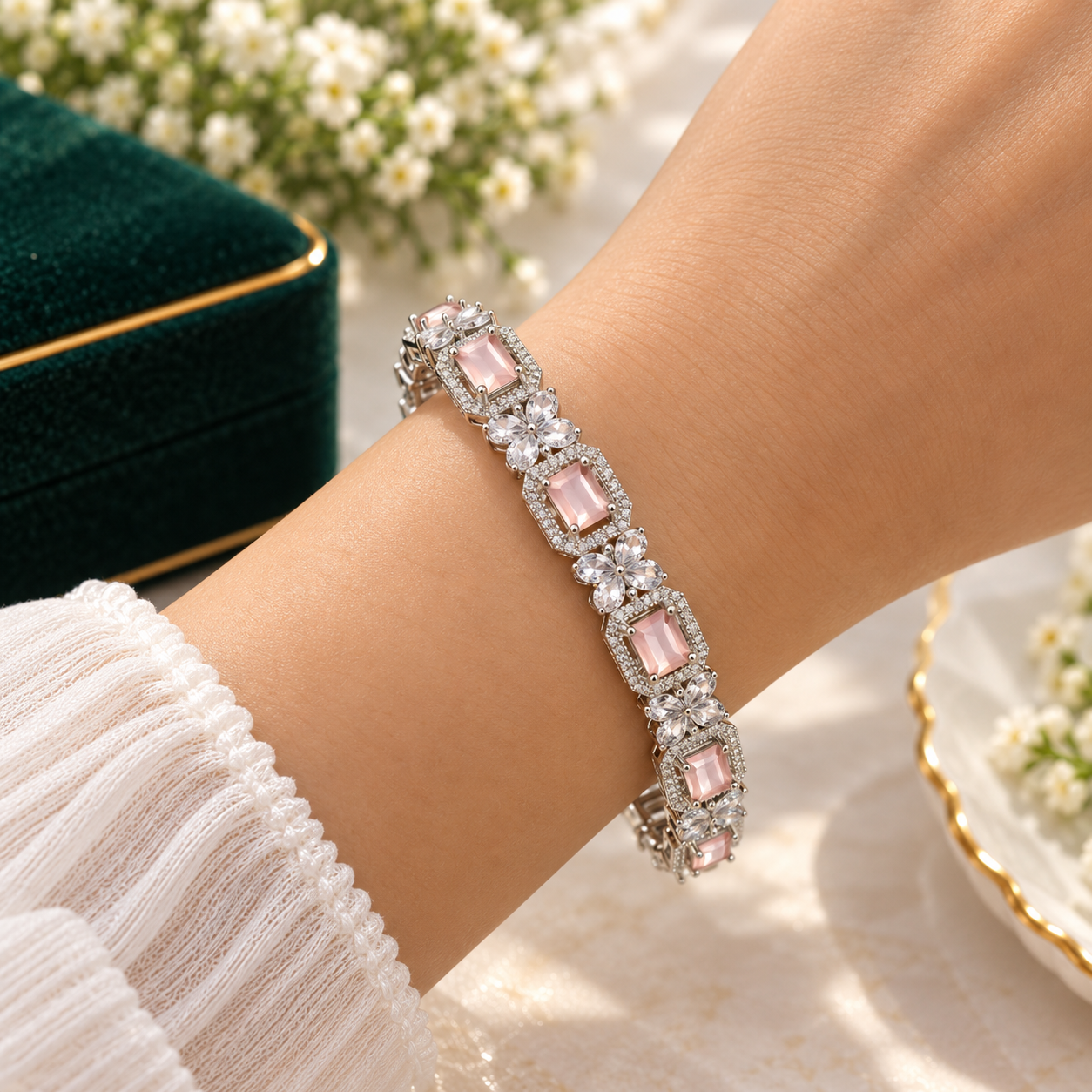 Pastel Pink American Diamond-Cut Premium Kada/Bangle Set (2 Pieces)