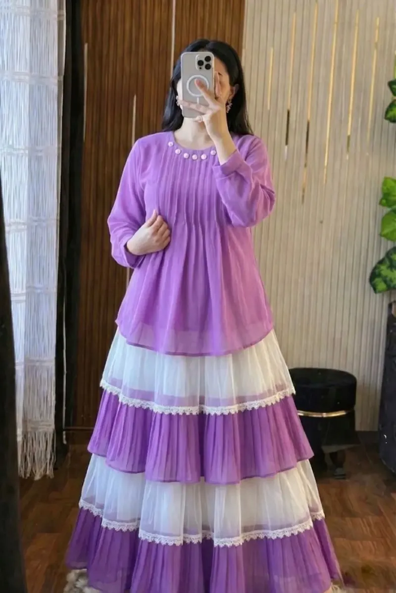 Ladies' Cherry Georgette Tops and Skirt Set with Lined Skirt
