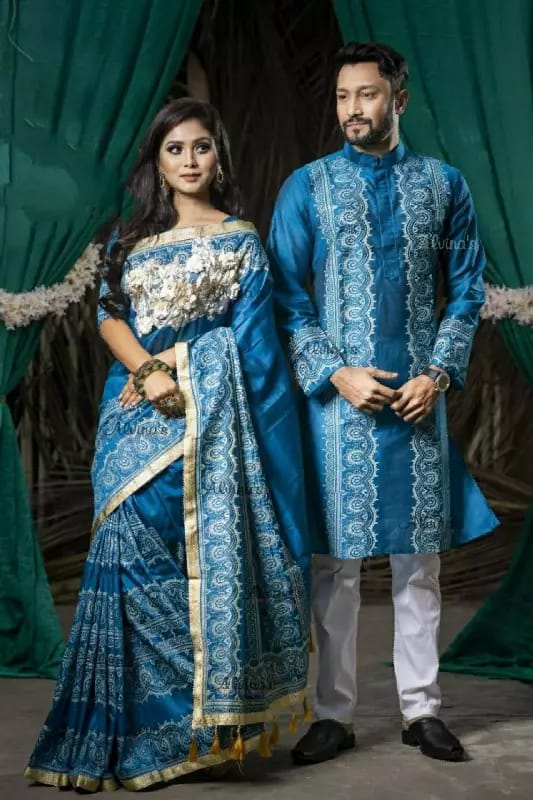 Half Silk Saree and Dhupian Silk Panjabi Couple Set, S to XL