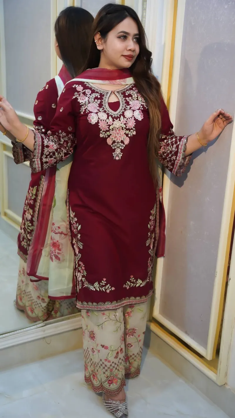Women's Cotton Garara Three Piece, Embroidered Salwar, 4 Colours