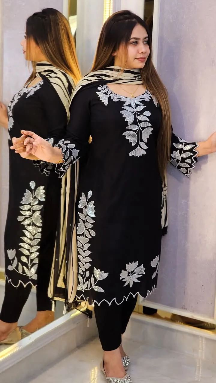 Linen Sequin Embroidery Three Piece with Cotton Orna, 38 to 44