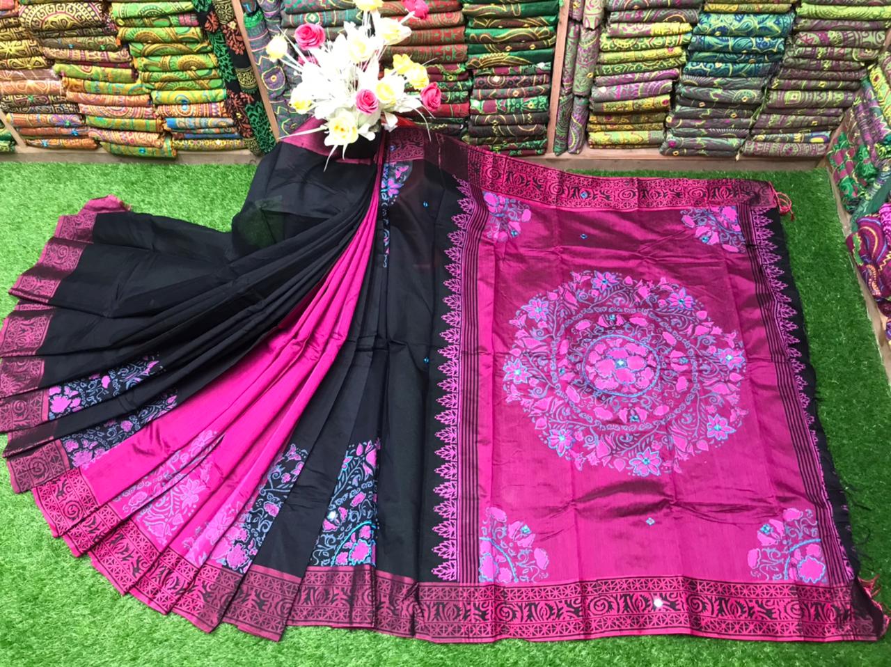Dhupian Silk Block Print Saree with Embroidered Design, 13 Haath