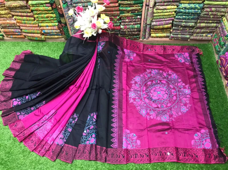 Women's Embroidered Block Print Saree in Dhupian Silk