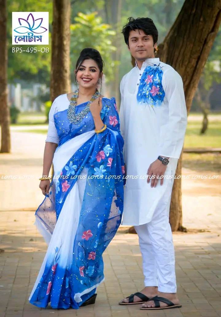 Half Silk Saree with Hand Print Dhupian Silk Panjabi, Couple Set