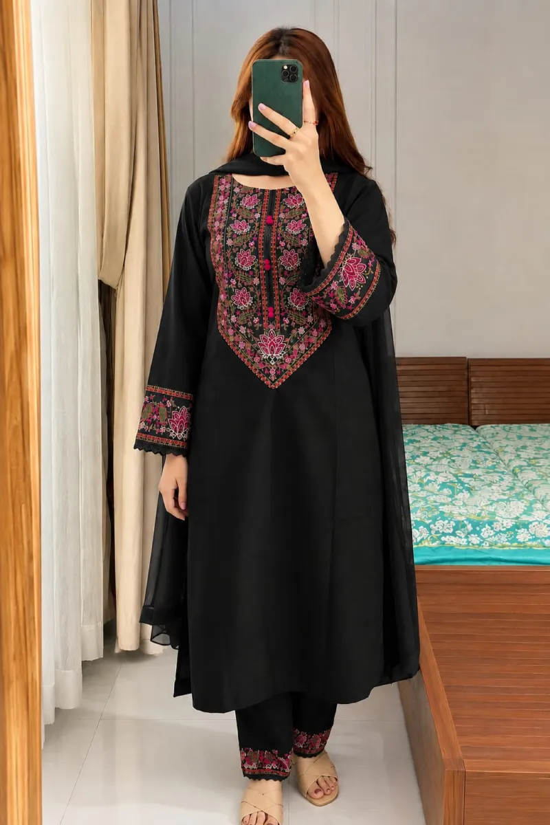 Soft Cotton Three Piece with Embroidered Salwar and Georgette Orna