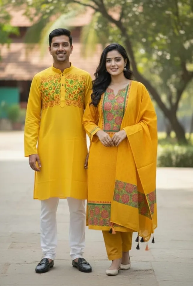 Hand Print Couple Dress, Voile Three Piece and Dhupian Silk Panjabi