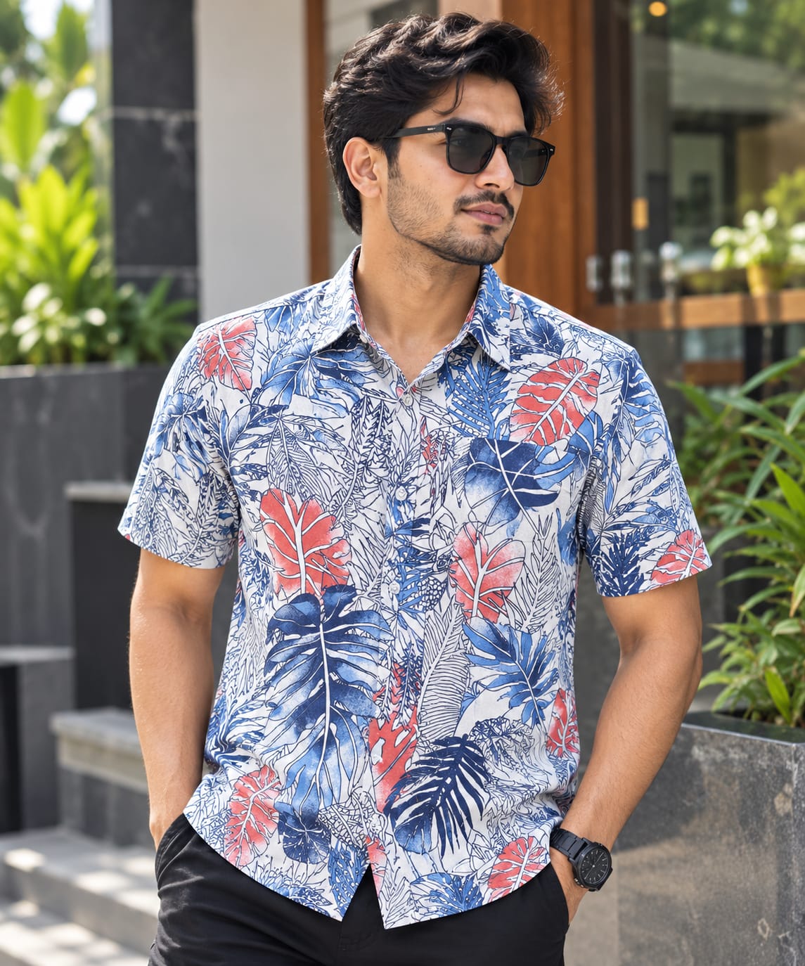 Men's Cotton Half Sleeve Print Shirt with Single Pocket