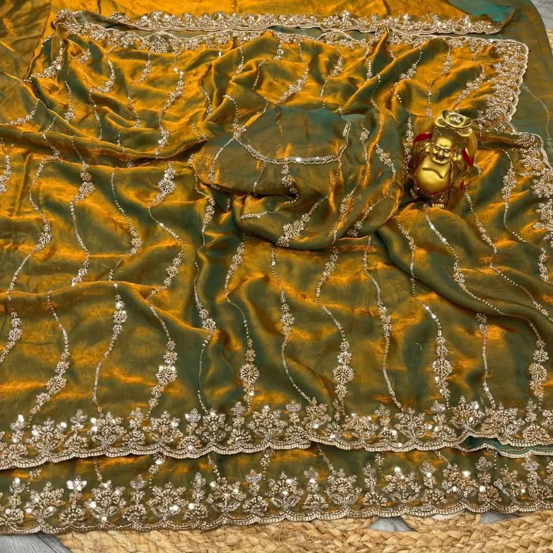 Women's Sequin Embroidered Silk Saree with Separate Blouse Piece