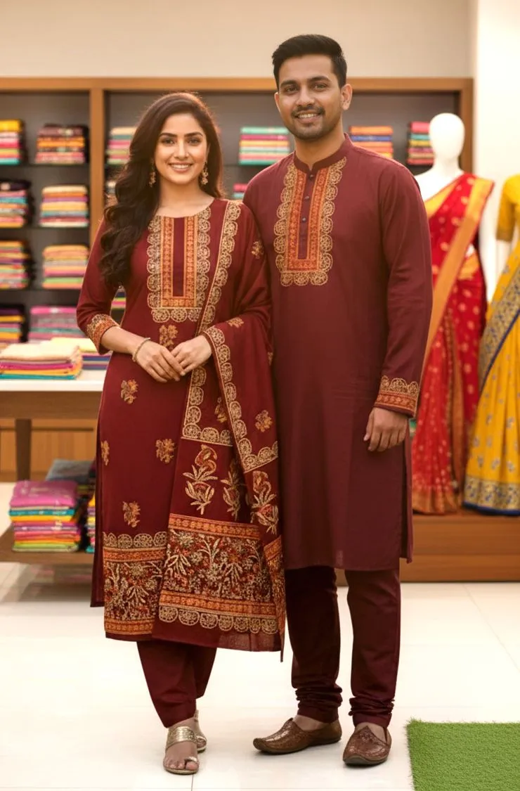 Hand Print Couple Dress, Voile Three Piece and Dhupian Silk Panjabi