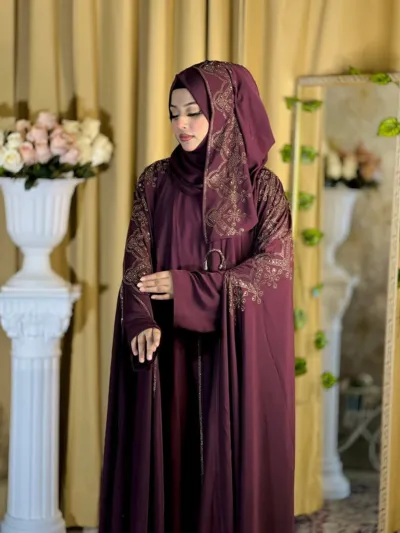 Lace and Stone Work Abaya with Inner and Hijab, 3 Colours